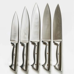 A row of five stainless steel kitchen knives of varying sizes, arranged in order of increasing length.