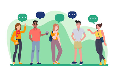 Fototapeta premium Dialogue between characters concept. Young men and women communicate with each other discussing project or news. People with speech bubbles speak on social networks. Cartoon flat vector illustration