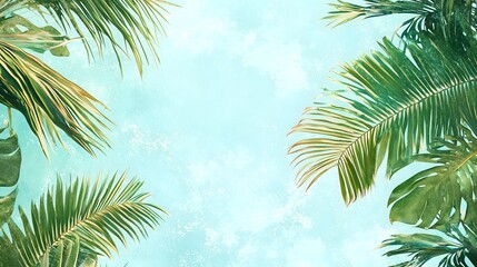  Summer Vibe Background with Lush Green Palm Leaves and Clear Sky