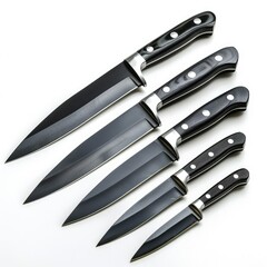 Obraz premium Set of five black-handled kitchen knives, varying in size, arranged on a white background.