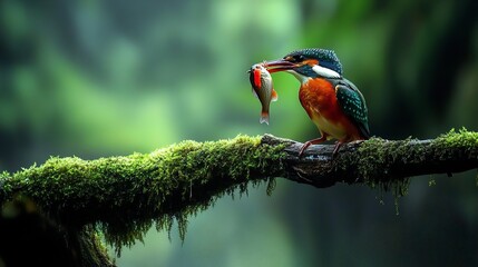 Two Colorful Kingfishers on Mossy Branch by River, One Holding a Fish