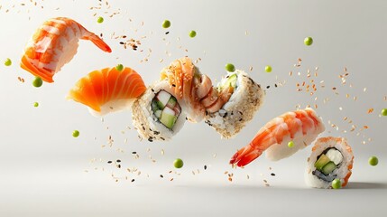Isolated sushi composition with floating elements, rimlight glow on white backdrop.