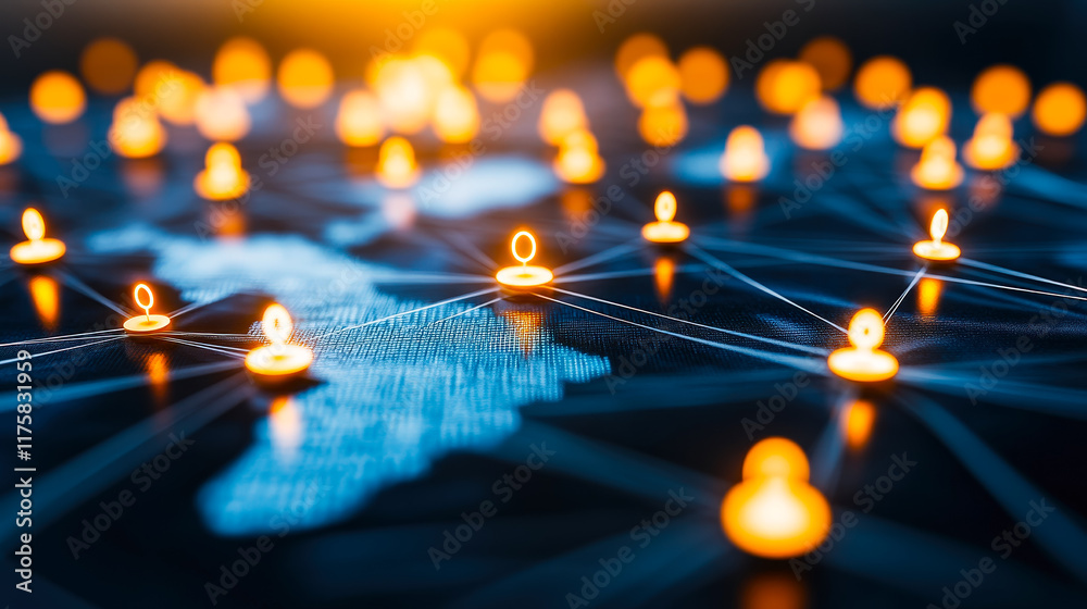 Poster network connections illuminate a global map during twilight hours showcasing digital communication