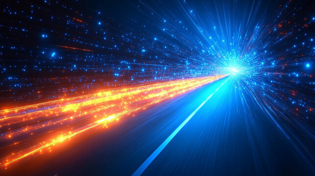 Abstract blue background showcasing technological hyper-speed with glowing polygonal patterns highlighted in bright gold silver and white tones symbolizing progress innovation and dynamic energy

