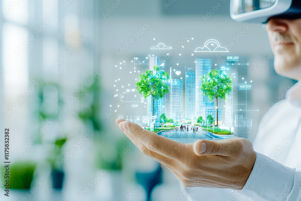 Poster technology merges with nature as a person uses virtual reality to visualize a green urban future