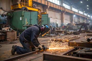 Industrial Worker Welding Metal in a Factory Setting