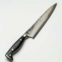 Obraz premium A meticulously crafted Japanese chef's knife with a damascus steel blade and black pakkawood handle.