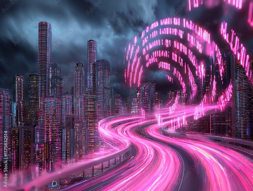 Poster luminous and futuristic cityscape enveloped in a dazzling energy field of abstract data patterns and