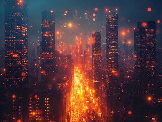 Obraz premium Vibrant Futuristic Cityscape: Nighttime Digital Painting in a Strikingly Imaginative Style. AI Generated