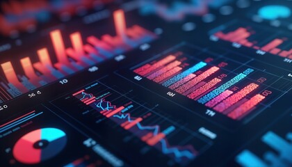Digital dashboard shows dynamic financial data. Business analytics, key performance indicators displayed. Visualizations include charts, graphs. Sales results, business performance evaluation on