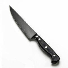 A sharp black chef's knife with a sleek, ergonomic handle, isolated on white.