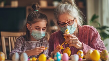 grandmother and granddaughter making easter decoration at home and wearing face mask to protect from coronavirus