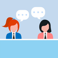 Professional conversation - Two business people woman and woman half body talking and having dialogue at work with speech bubbles. Flat design vector illustration
