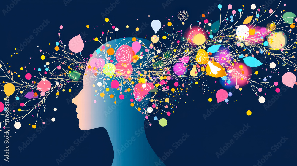 Poster Creative thoughts bloom with vibrant colors and intricate patterns in a conceptual representation of the mind
