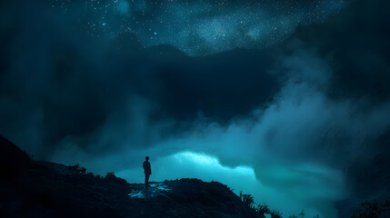 Ethereal Enchantment: Kawah Ijen's Blue-Green Crater Lake Under Starlit Indonesian Sky