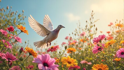 Obraz premium Dove flying from vibrant flower garden into morning sky