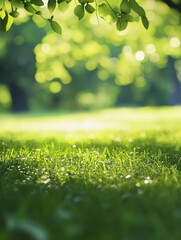 Fototapeta premium Blurred background of lush green park in summer. Abstract nature background with bokeh of sunny park with green grass and trees. Summer backdrop for relaxation and tranquility.