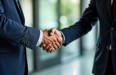 Businessmen in suits shaking hands in office. Pro leaders meet for deal agreement. Modern business collaboration, partnership. Success, eco-friendly goals. Work together on future eco-initiatives.