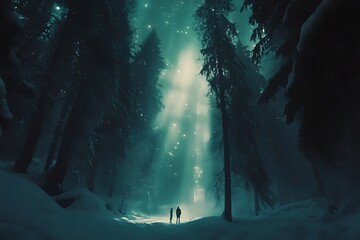 Enchanted Winter Forest Night Two Figures, Mystical Glow, Snow