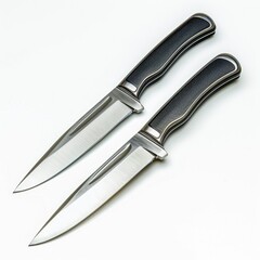Obraz premium Two sleek hunting knives with dark handles and metallic blades, positioned parallel on a white background.