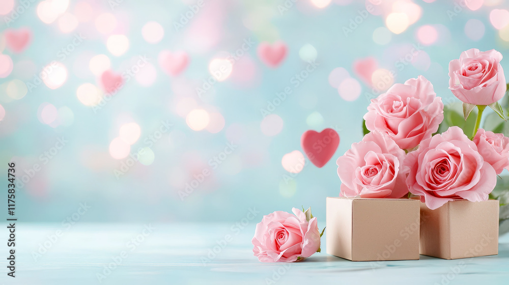 Poster Roses in boxes with hearts and soft bokeh background create a romantic atmosphere for special occasions