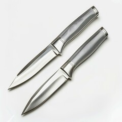 Fototapeta premium Two sleek, silver hunting knives with textured handles lie on a white background.