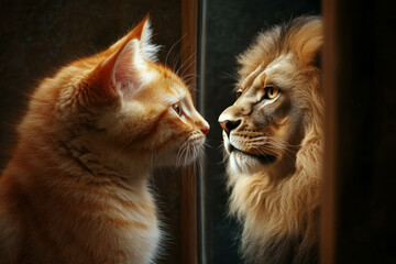 a self-esteem lesson of a kitten seeing a reflection of a lion in a mirror