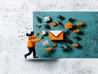 Visualizing the concept of worldwide digital connectivity and effortless communication through a hand drawn character interacting with a stylized array of arrows and an envelope icon