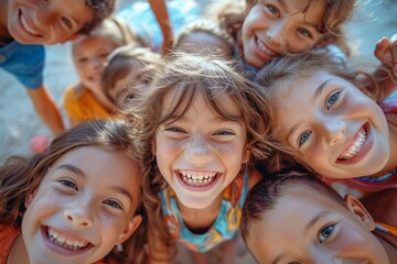 Group of joyful children smiling and posing playfully together in a close-up shot, capturing their happiness and camaraderie during a fun day out.