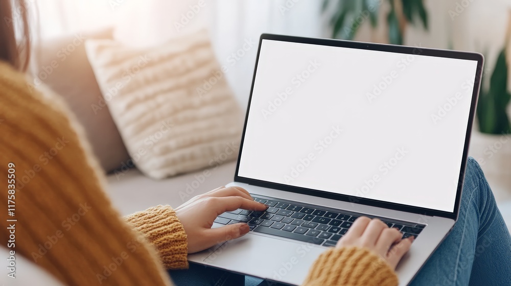 Poster woman sitting on comfortable sofa at home, typing on a laptop computer with a blank white screen, pe