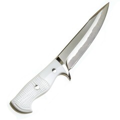 Obraz premium A sleek, white-handled knife with a patterned, stainless steel blade, ideal for hunting or outdoor activities.