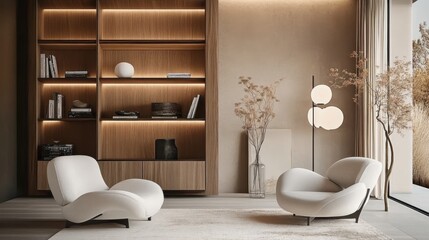 Modern living room interior, minimalist design, warm wood tones, built-in shelving unit, cream armchairs, metallic accents, large window, natural light, dried floral arrangement, neutral color palette