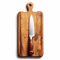 A chef's knife rests on a rustic wooden cutting board, ready for culinary tasks.