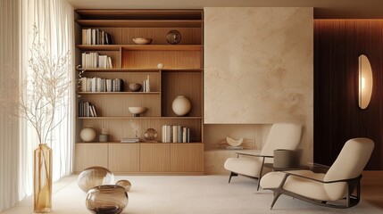 Modern living room interior, minimalist design, warm wood tones, built-in shelving unit, cream armchairs, metallic accents, large window, natural light, dried floral arrangement, neutral color palette