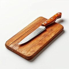 A sharp kitchen knife rests on a well-used wooden cutting board.
