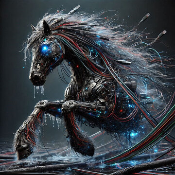 Cyberpunk kelpie with a body formed from oil slicks and discarded data streams