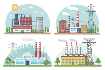 Obraz premium Industrial City Landscape with Factories and Power Plants Illustration