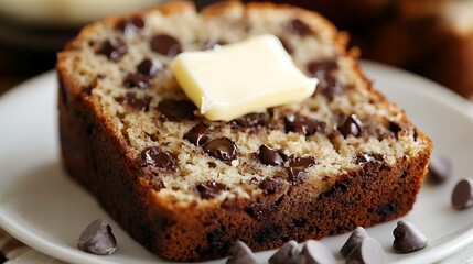 A close-up of a slice of chocolate chip banana bread, served warm with a pat of butter