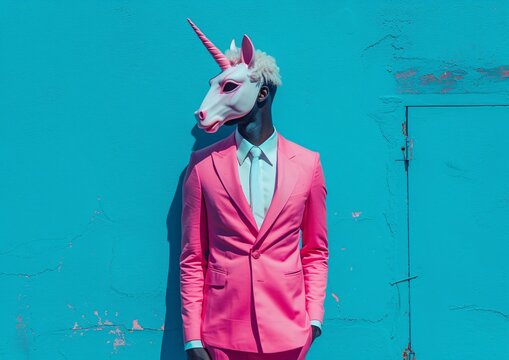Young man in a vibrant pink suit wearing a unicorn mask, standing against a bright blue wall, creating a surreal and playful atmosphere. - Powered by Adobe