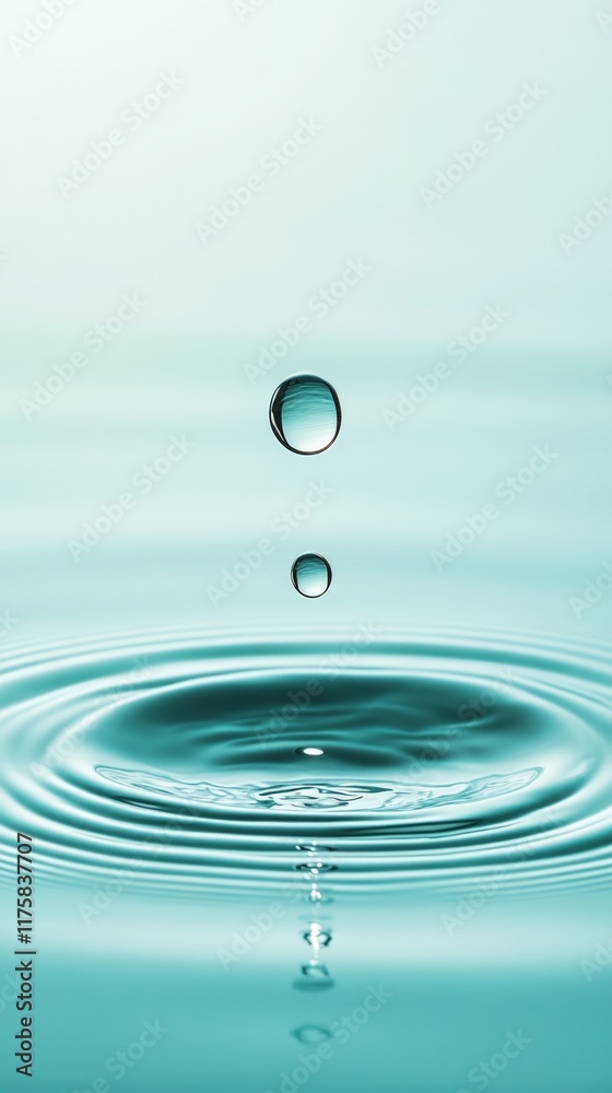 Poster Two water droplets falling and creating concentric ripples on a turquoise surface, with a smaller droplet trail visible beneath the surface, creating a serene and meditative ambiance