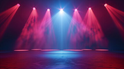 Vibrant Spotlight Stage with Red and Blue Lighting, Perfect for Performance and Event Promotions