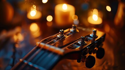 A close up of a guitar neck with a candle in the background. The candlelight creates a warm and intimate atmosphere