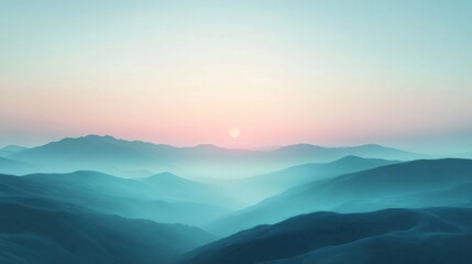 Breathtaking panoramic view of a majestic mountain landscape at sunset with rolling hills and valleys shrouded in a serene misty atmosphere  The image evokes a sense of peace tranquility