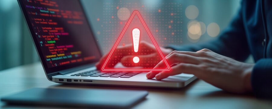 Person works on laptop. Red warning sign appears on screen. Computer tech problem. Webpage error. Someone works on tech device. Possible system error. Urgent alert. Maintenance needed. Repair.