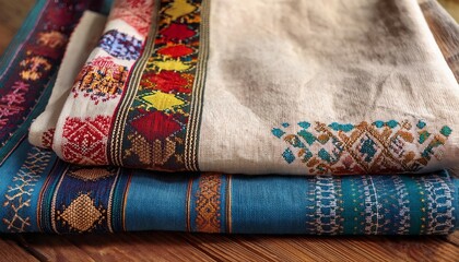 close up view of bright estonian linen textiles featuring intricate embroidery on a wooden table