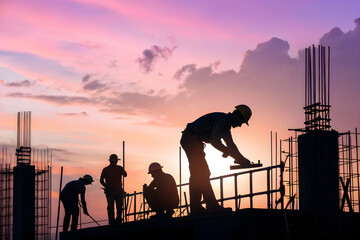 Sunset Silhouette of Construction Workers at Urban Building Site