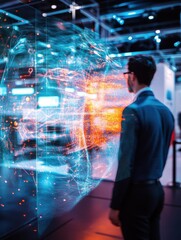 IT business convention, demonstration booth. Long exposure. Blurred human motion. Hand edited generative AI.