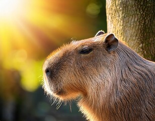 a capybara standing near a tree in sunlight