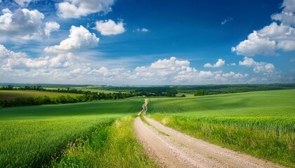 Fototapeta premium a peaceful rural road winding through a green summer field under a blue sky with fluffy clouds surrounded by nature and farmland
