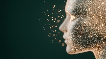 Golden Particle Face Digital Art Composition, Abstract Concept, Side Profile, Dark Background,Bokeh Lights AI Art, Digital Portrait